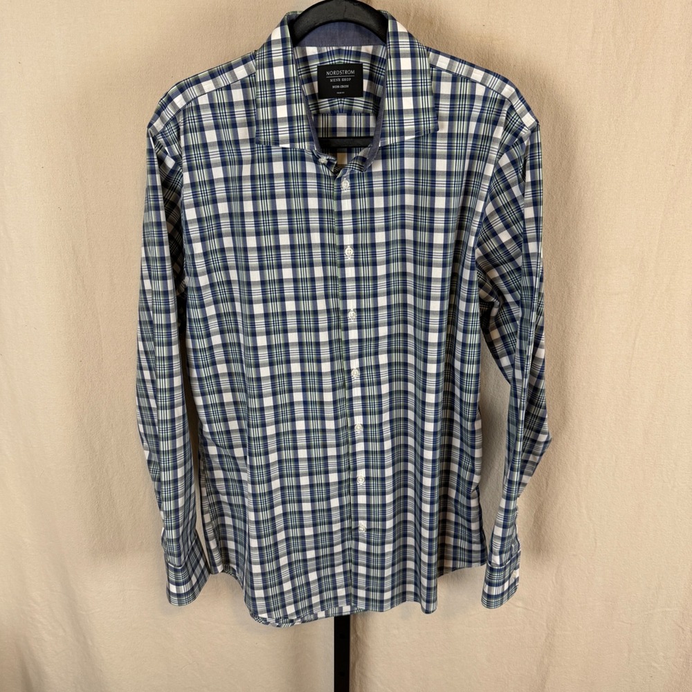 Nordstrom Mens Shop Non-Iron Trim Fit‎ Plaid Button Down Shirt Blue Green 16.5